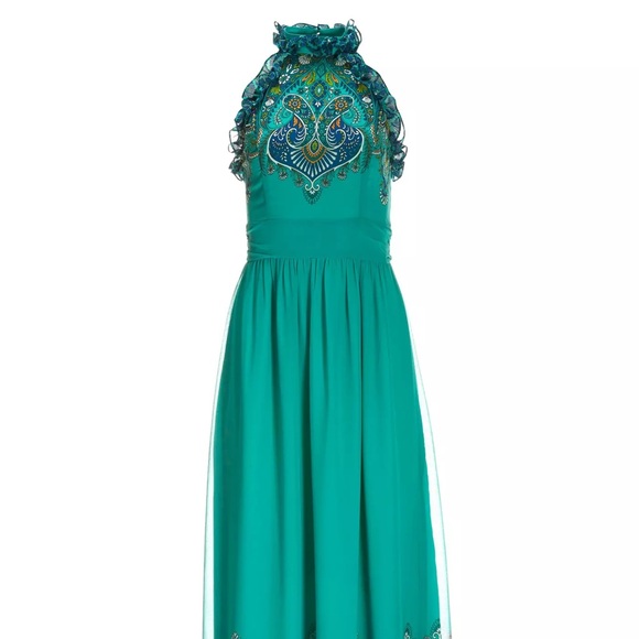 Boston Proper Green and Blue Multi Paisley Ruffle High Neck Maxi Dress - Picture 2 of 7